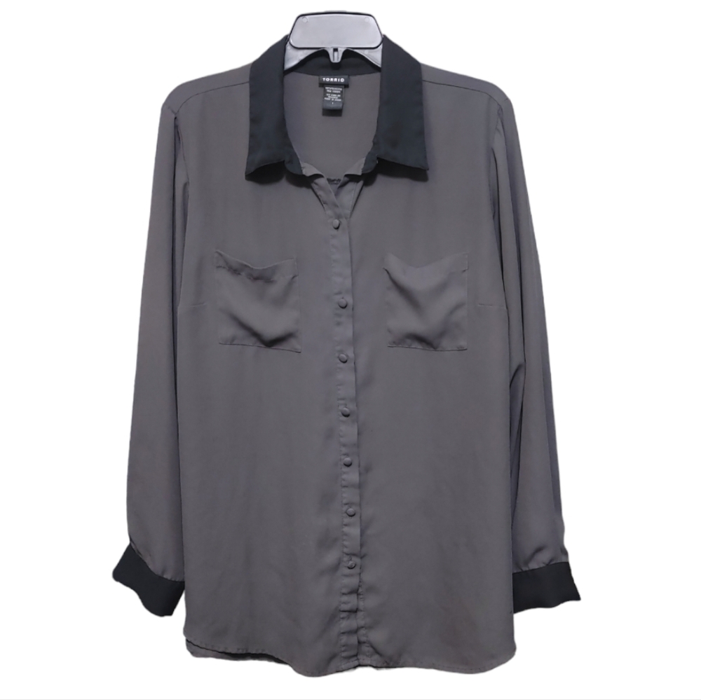 Torrid Gray Black Colorblock Sheer Button Down To… - image 1
